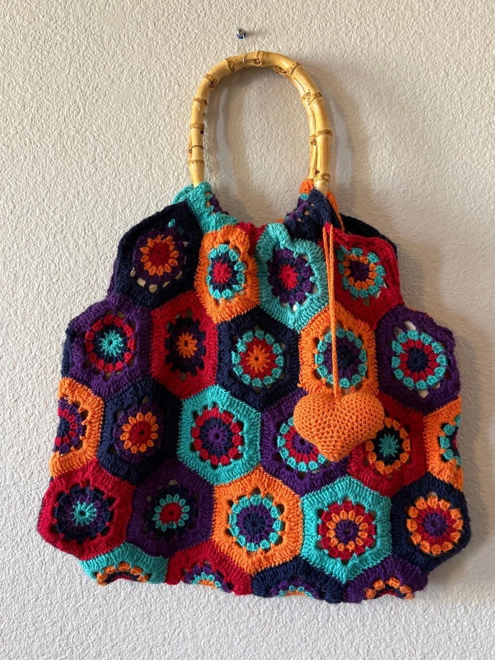 Handmade Multicolor Crochet Tote Bag with Bamboo Handles